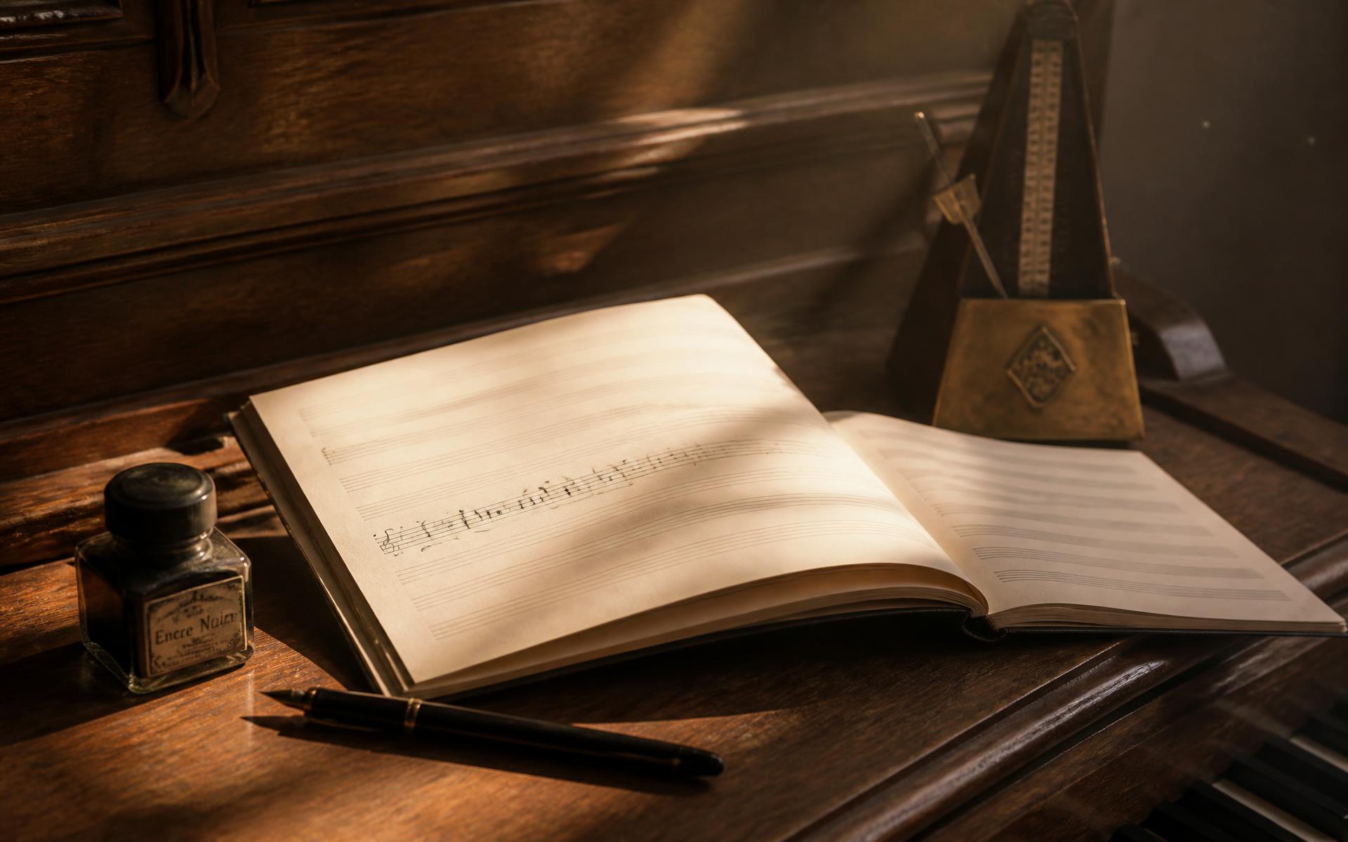 Manuscript paper, ink and a fountain pen on a wooden piano in morning light